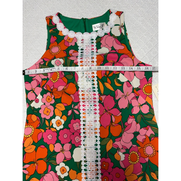 NWT Eliza J Retro Style Bold Multi-color Floral Lace Trim Mini Shift Dress SZ 4 - Picture 5 of 12
